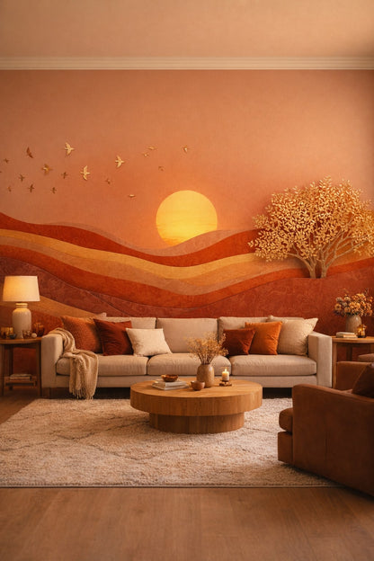 Cream-sand Organic Modern sunset landscape featuring birds in flight - Wall Mural Peel and Stick Wallpaper for Organic Modern Living Room.