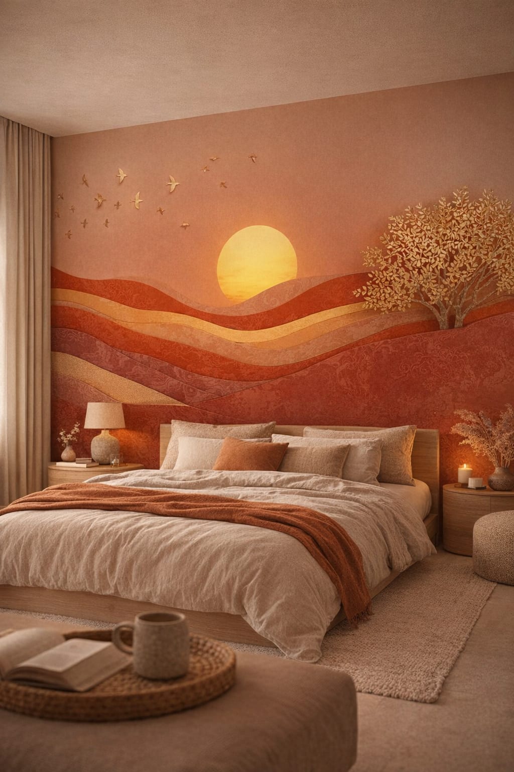 Wabi-sabi earthy-toned sunset landscape featuring birds in flight - Wall Mural Peel and Stick Wallpaper for Wabi-sabi Master Bedroom.