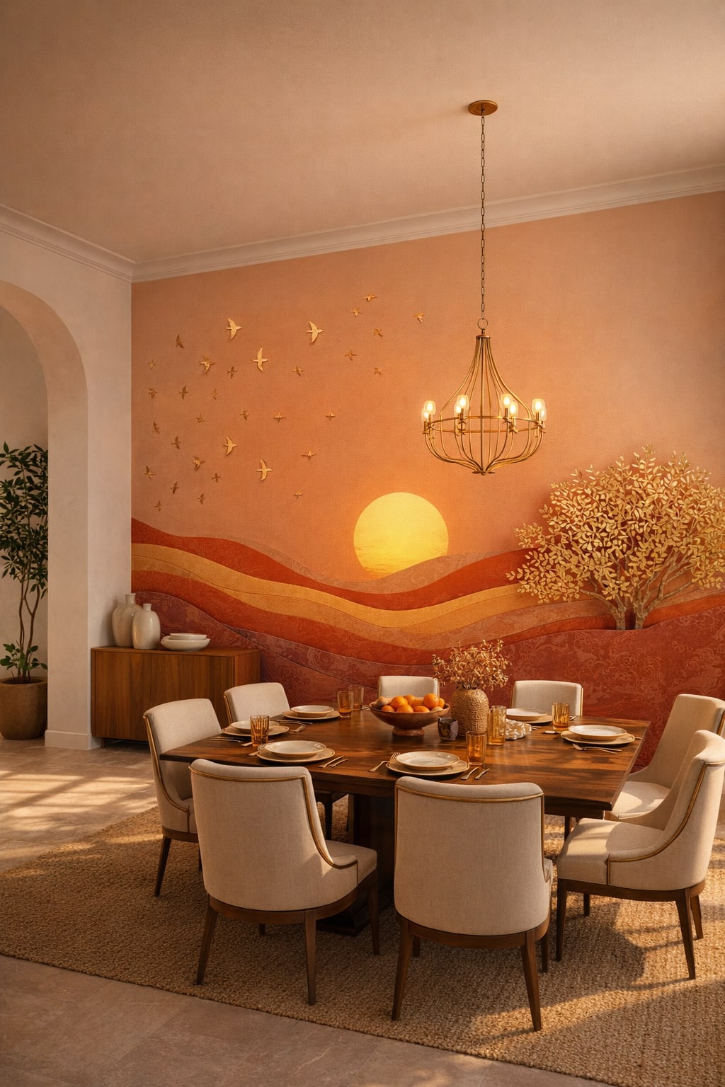 Mediterranean Modern sand-toned sunset landscape featuring birds in flight - Wall Mural Peel and Stick Wallpaper for Mediterranean Modern Formal Dining Room.