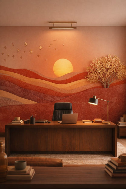 Quiet Luxury greige-toned sunset landscape featuring birds in flight - Wall Mural Peel and Stick Wallpaper for Quiet Luxury Executive Home Office.