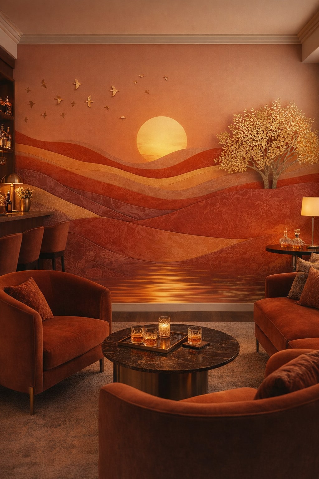 Art Deco black-and-gold sunset landscape featuring birds in flight - Wall Mural Peel and Stick Wallpaper for Art Deco Bar/Lounge.