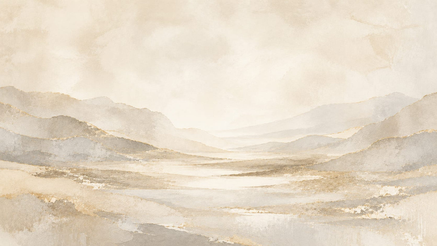 Serene painterly Cream mountain landscape featuring soft tonal layers - Wall Mural & Peel and Stick Wallpaper for Painterly Interiors and Premium Home Styling.