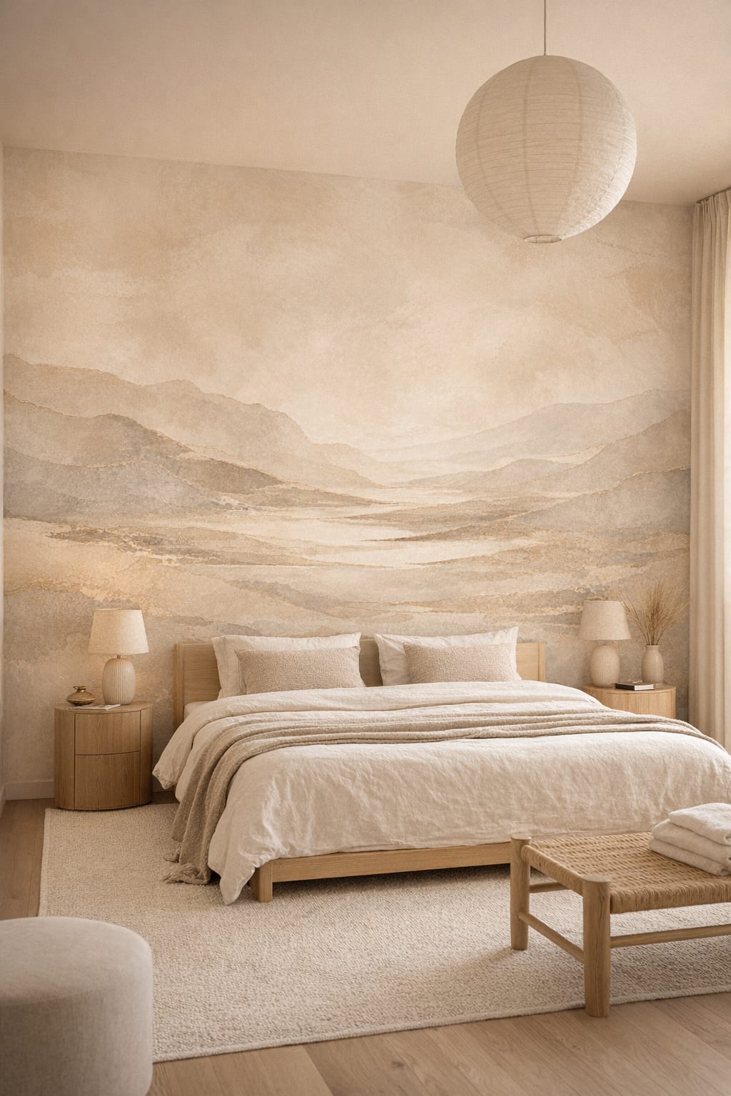 Sand Japandi mountain landscape - Wall Mural Peel and Stick Wallpaper for Japandi Master Bedroom.