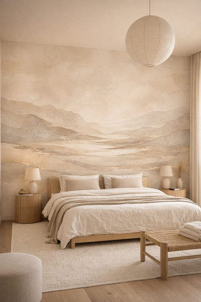 Sand Japandi mountain landscape - Wall Mural Peel and Stick Wallpaper for Japandi Master Bedroom.