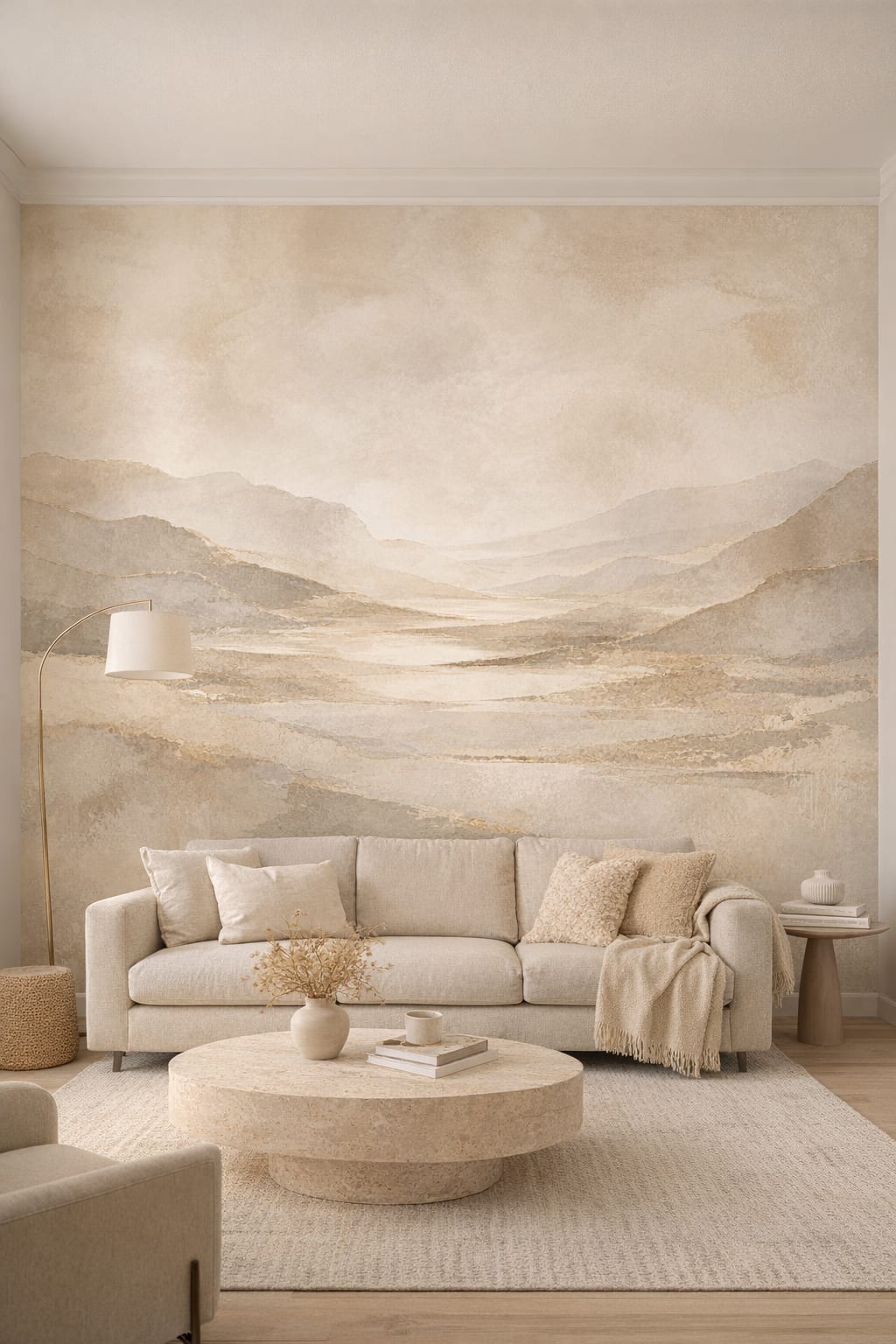 Cream Organic Modern mountain landscape - Wall Mural Peel and Stick Wallpaper for Organic Modern Living Room.