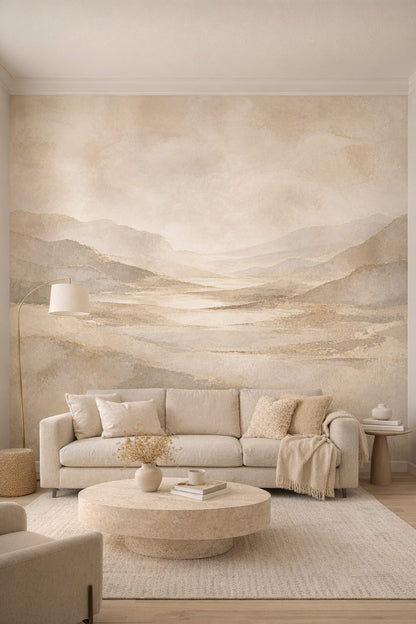 Cream Organic Modern mountain landscape - Wall Mural Peel and Stick Wallpaper for Organic Modern Living Room.