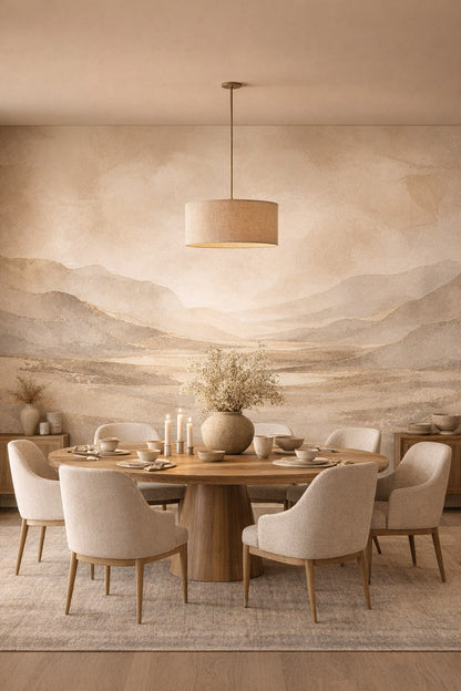 Muted-earth Wabi-sabi mountain landscape - Wall Mural Peel and Stick Wallpaper for Wabi-sabi Formal Dining Room.