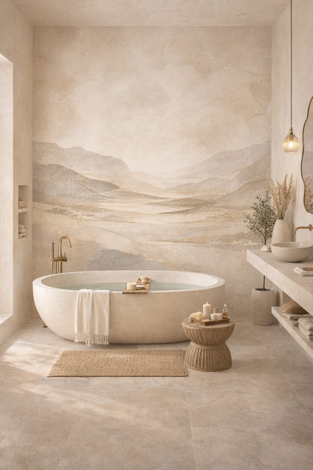 Mediterranean Modern, sand-toned mountain landscape - Wall Mural Peel and Stick Wallpaper for Mediterranean Modern Luxury Bathroom.