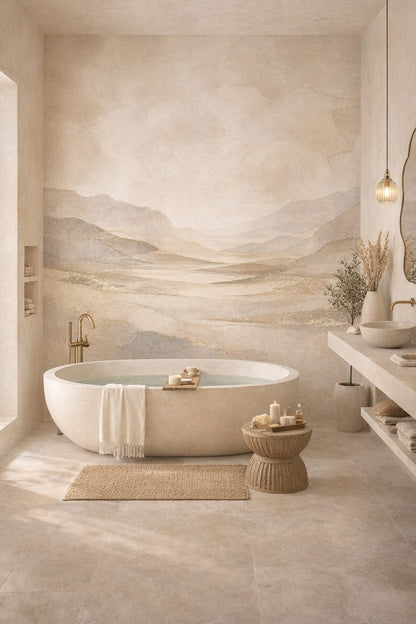Mediterranean Modern, sand-toned mountain landscape - Wall Mural Peel and Stick Wallpaper for Mediterranean Modern Luxury Bathroom.