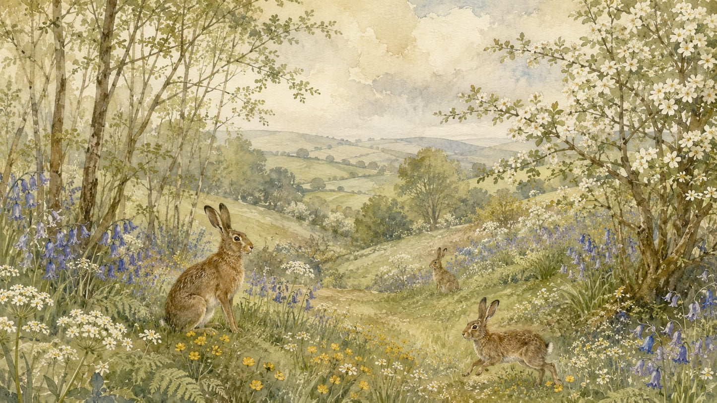 Serene watercolor Sage Green rabbits featuring wildflower meadow and pastoral landscape - Wall Mural & Peel and Stick Wallpaper for Watercolor Interiors and Premium Home Styling