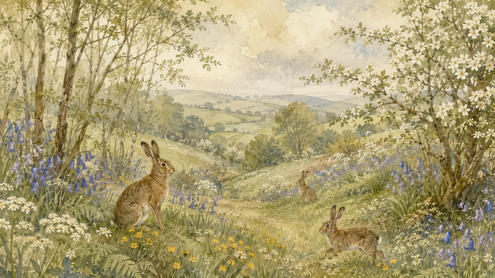Serene watercolor Sage Green rabbits featuring wildflower meadow and pastoral landscape - Wall Mural & Peel and Stick Wallpaper for Watercolor Interiors and Premium Home Styling