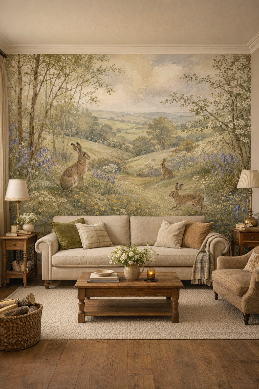 Soft green, cream English Cottage rabbits featuring wildflower meadow - Wall Mural Peel and Stick Wallpaper for English Cottage Living Room.