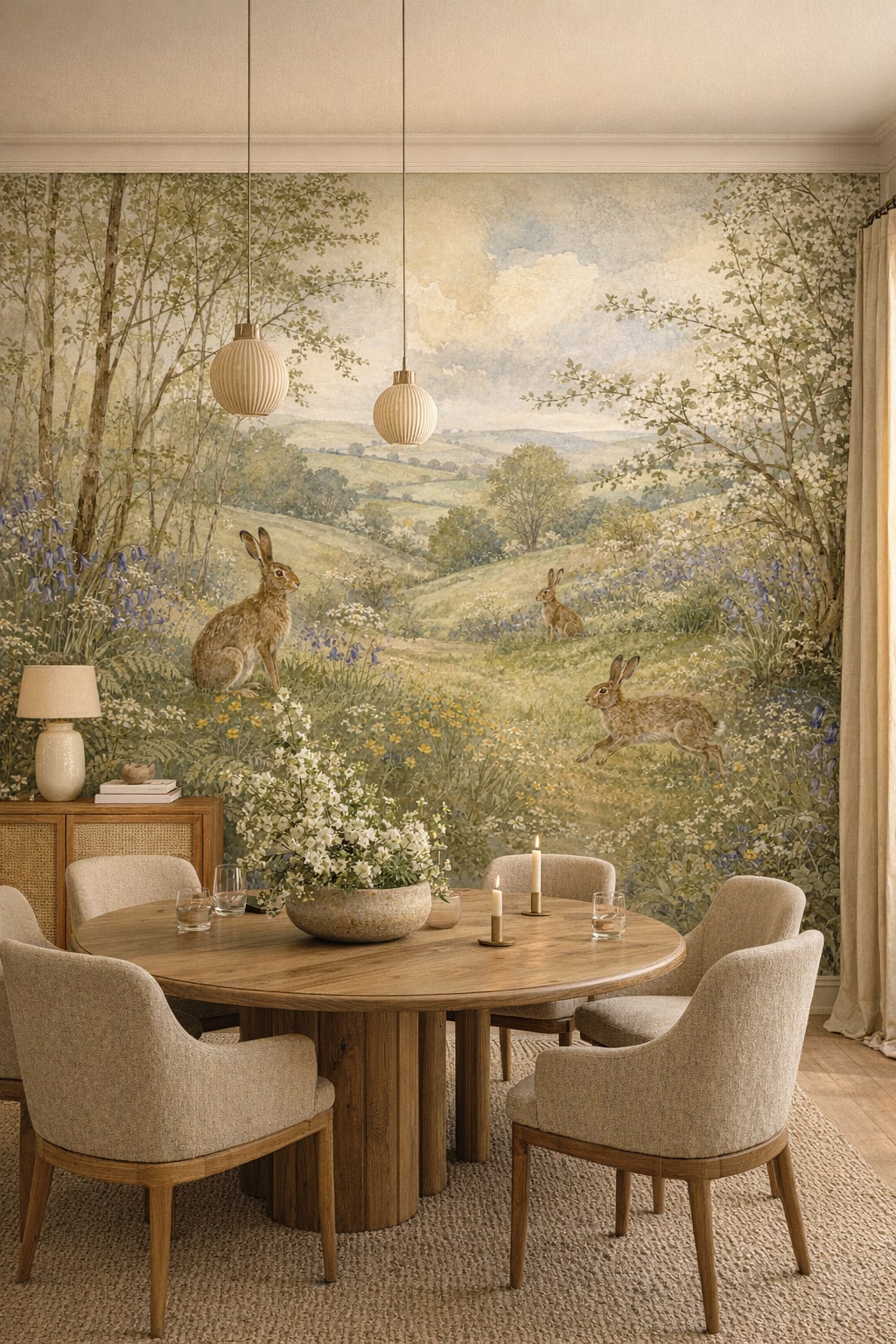 Organic Modern cream rabbits featuring wildflower meadow - Wall Mural Peel and Stick Wallpaper for Organic Modern Formal Dining Room.