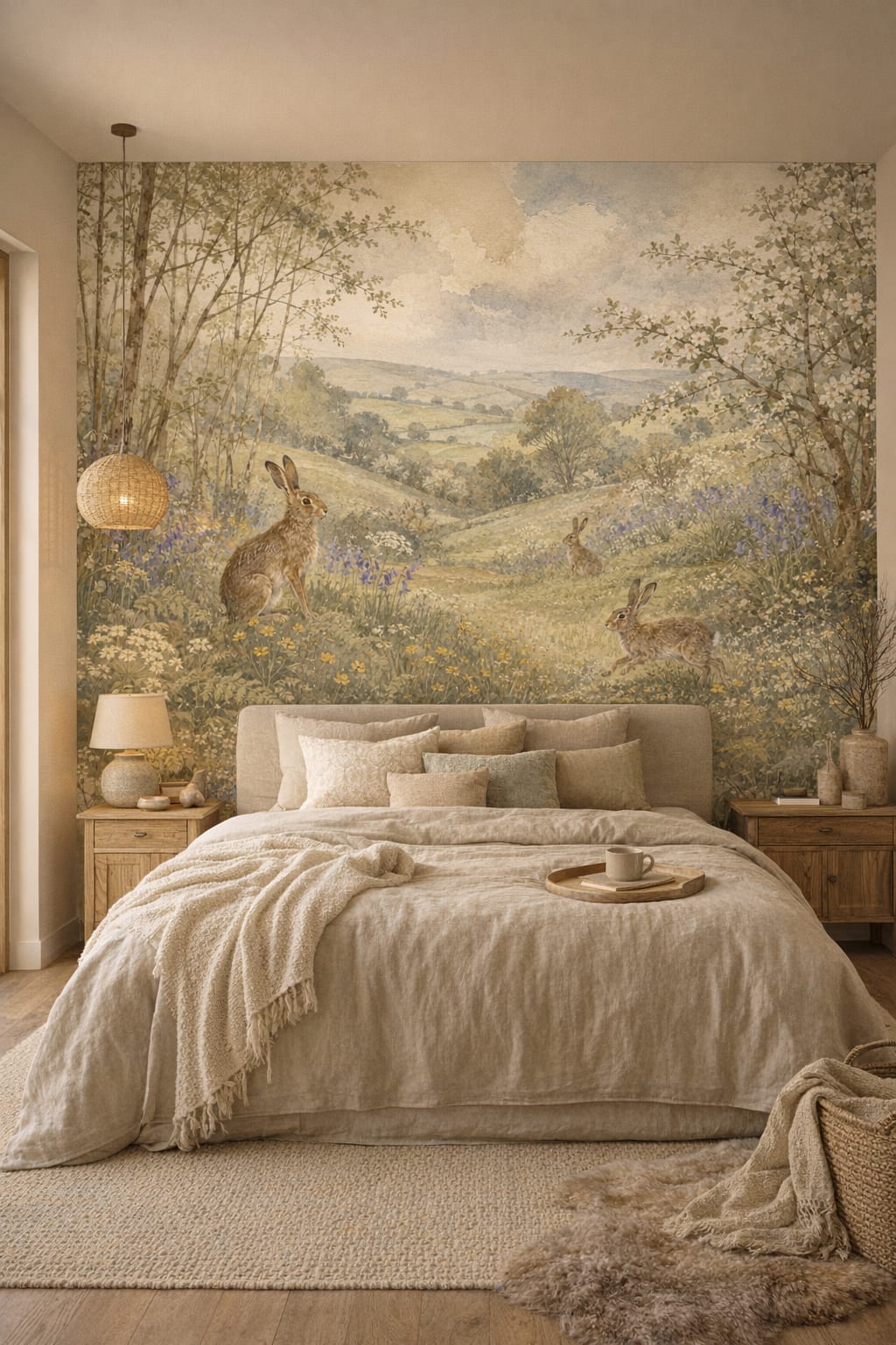 Wabi-sabi muted-earth rabbits featuring pastoral landscape - Wall Mural Peel and Stick Wallpaper for Wabi-sabi Master Bedroom.
