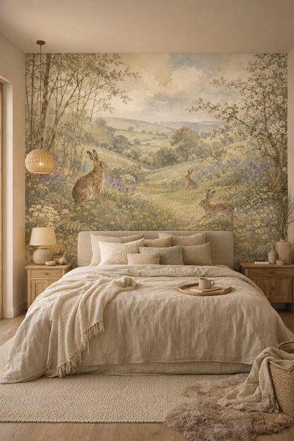 Wabi-sabi muted-earth rabbits featuring pastoral landscape - Wall Mural Peel and Stick Wallpaper for Wabi-sabi Master Bedroom.