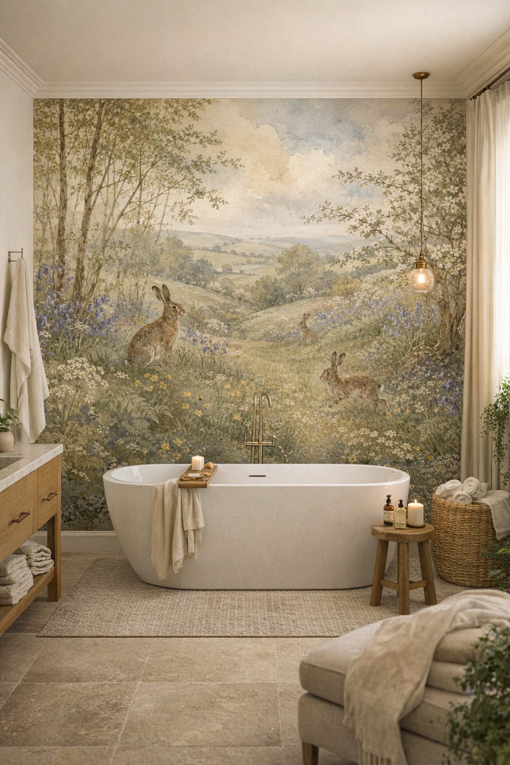 Biophilic green rabbits featuring wildflower meadow - Wall Mural Peel and Stick Wallpaper for Biophilic Design Luxury Bathroom.