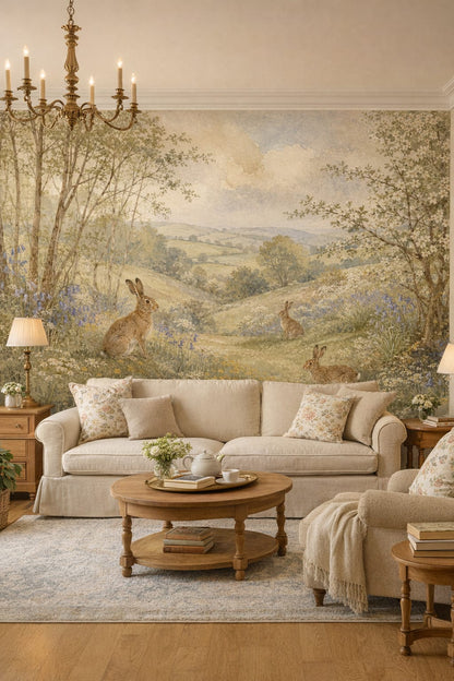 Beige blue French Country rabbits featuring pastoral landscape - Wall Mural Peel and Stick Wallpaper for French Country Reading Room.