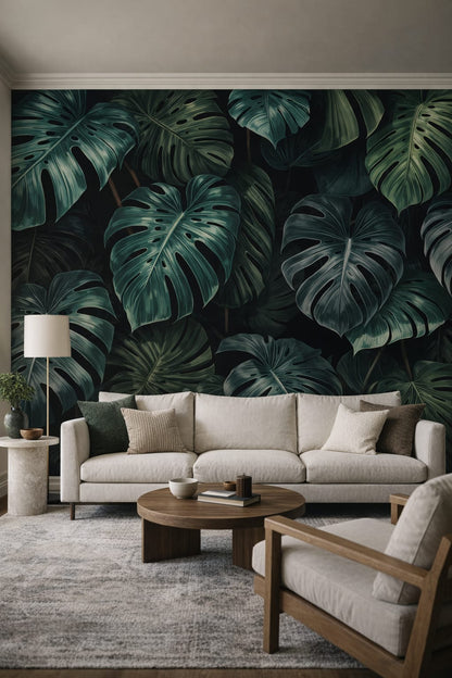 Organic Modern olive-toned monstera leaves - Wall Mural Peel and Stick Wallpaper for Organic Modern Living Room.