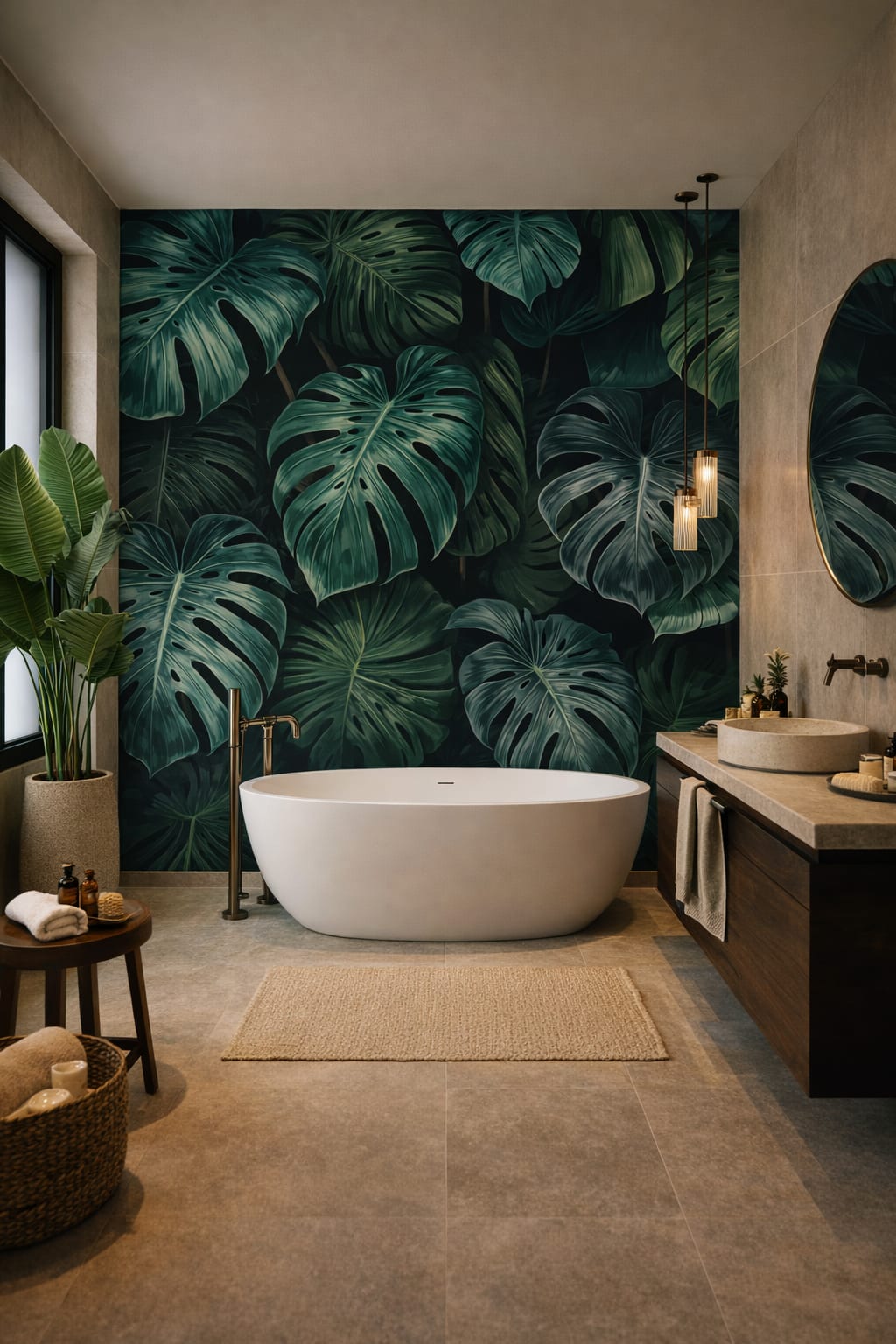 Tropical green, modern white monstera leaves - Wall Mural Peel and Stick Wallpaper for Tropical Modern Luxury Bathroom.