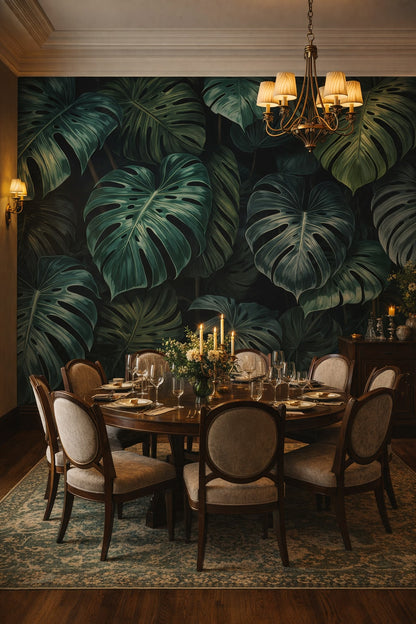 Art Nouveau emerald monstera leaves - Wall Mural Peel and Stick Wallpaper for Art Nouveau Formal Dining Room.