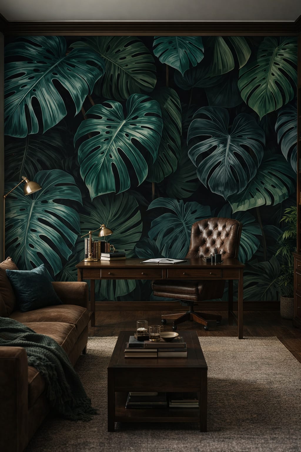 Moody deep-green monstera leaves - Wall Mural Peel and Stick Wallpaper for Dark Academia Executive Home Office.