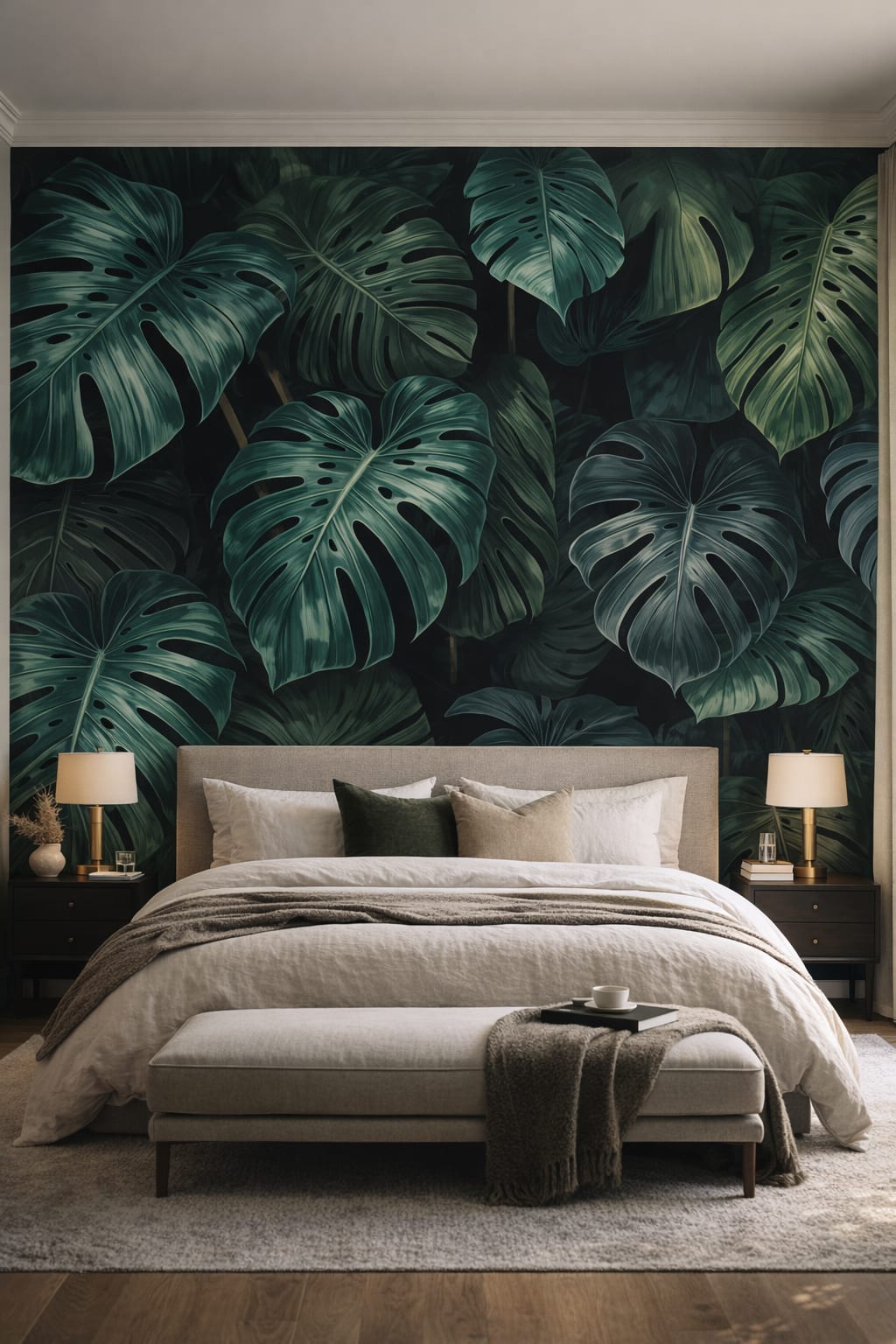 Quiet Luxury greige monstera leaves - Wall Mural Peel and Stick Wallpaper for Quiet Luxury Master Bedroom.
