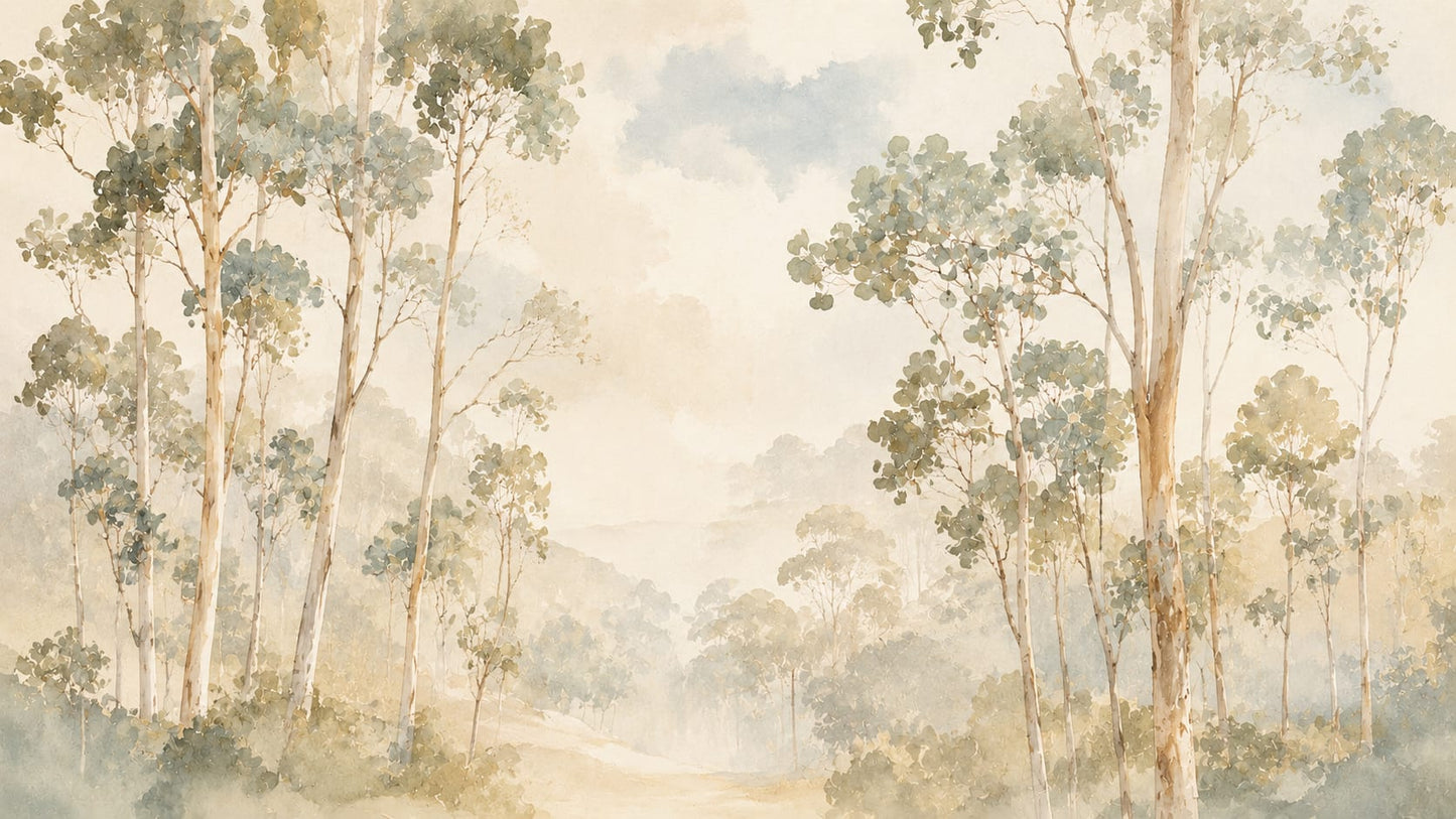 Ethereal Painterly Sage Green Forest Trees featuring Misty Landscape - Wall Mural & Peel and Stick Wallpaper for Watercolor Interiors and Premium Home Styling