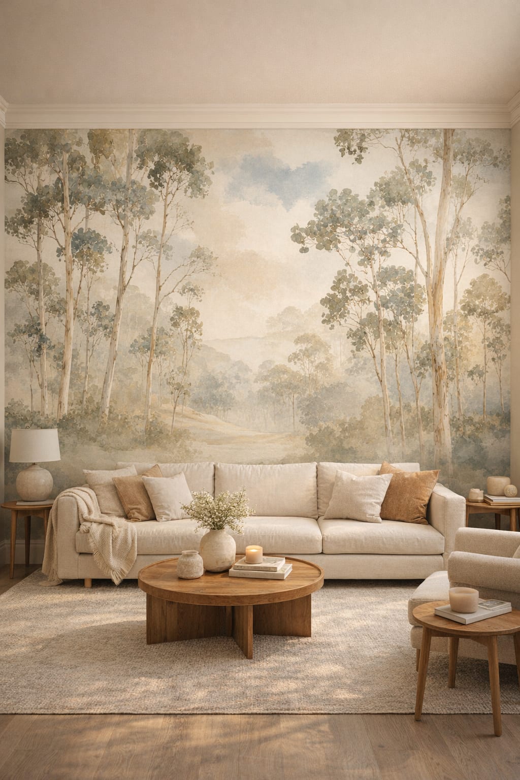 Cream Organic Modern forest trees featuring misty landscape - Wall Mural Peel and Stick Wallpaper for Organic Modern Living Room.