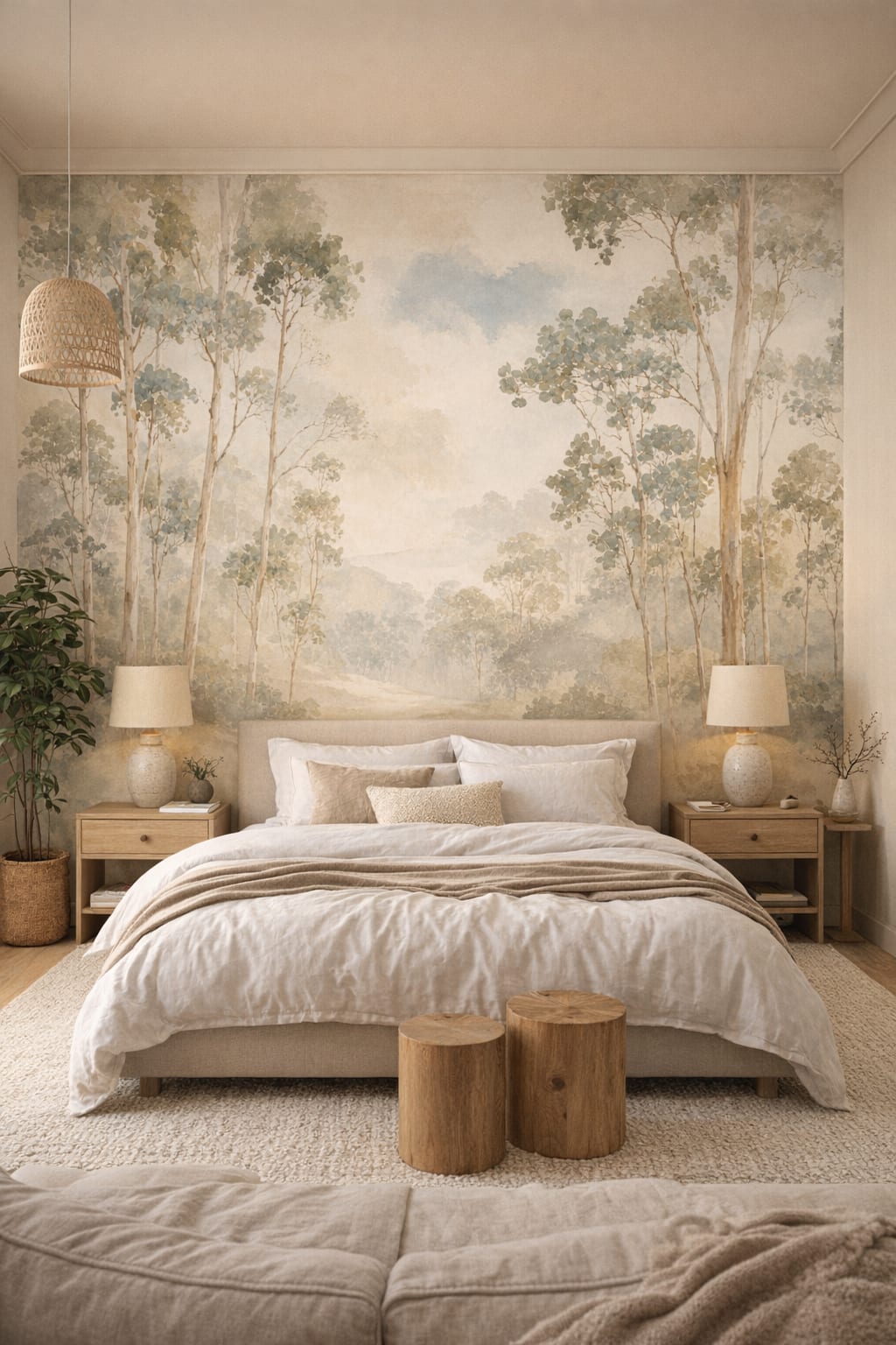 Sand Japandi forest trees featuring misty landscape - Wall Mural Peel and Stick Wallpaper for Japandi Master Bedroom.