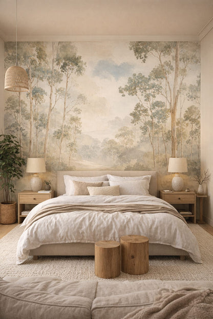 Sand Japandi forest trees featuring misty landscape - Wall Mural Peel and Stick Wallpaper for Japandi Master Bedroom.