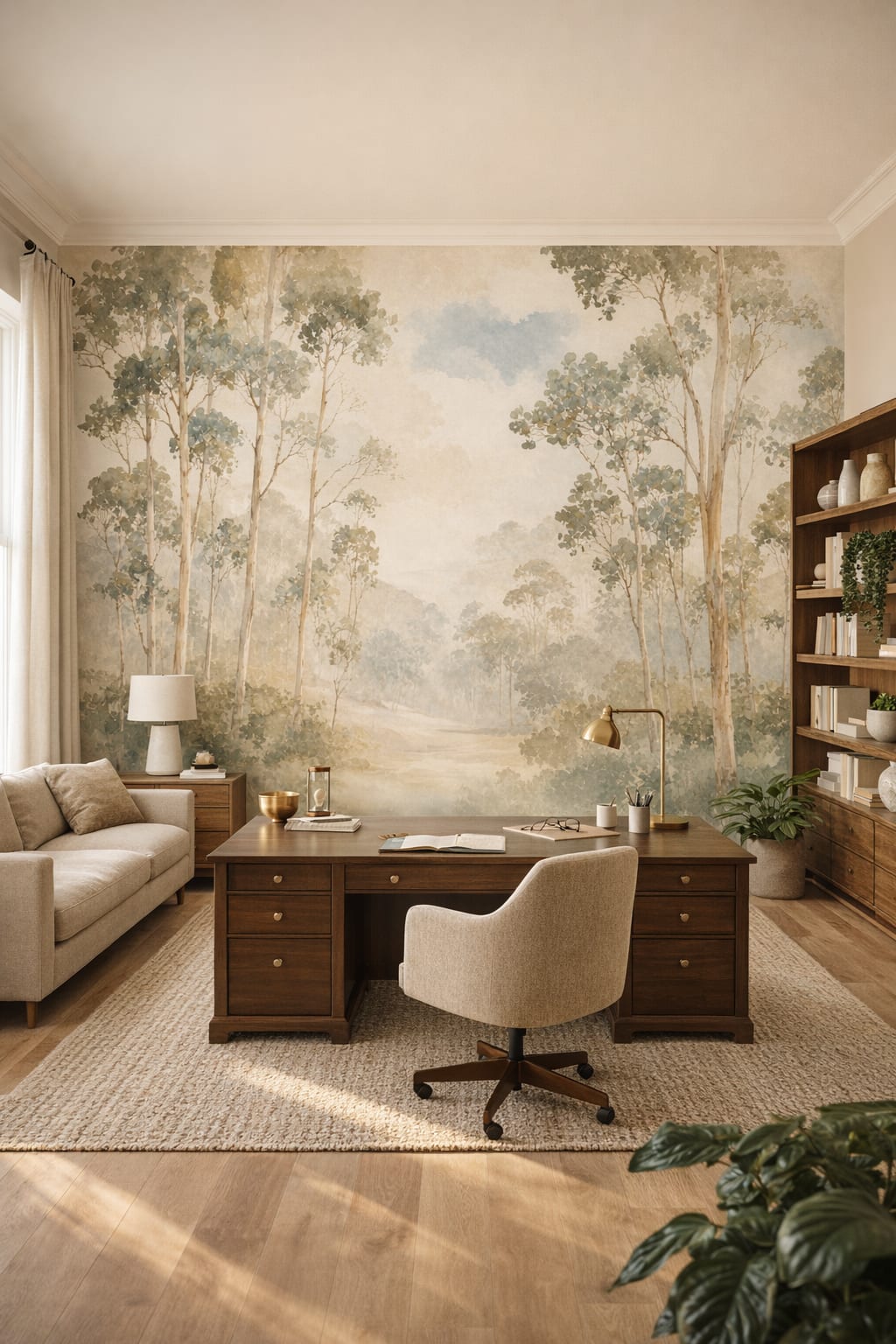 Green neutral Biophilic Design forest trees featuring misty landscape - Wall Mural Peel and Stick Wallpaper for Biophilic Design Executive Home Office.
