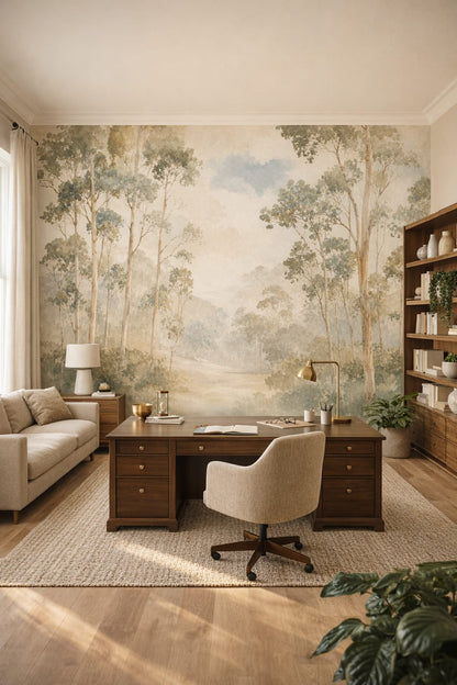 Green neutral Biophilic Design forest trees featuring misty landscape - Wall Mural Peel and Stick Wallpaper for Biophilic Design Executive Home Office.