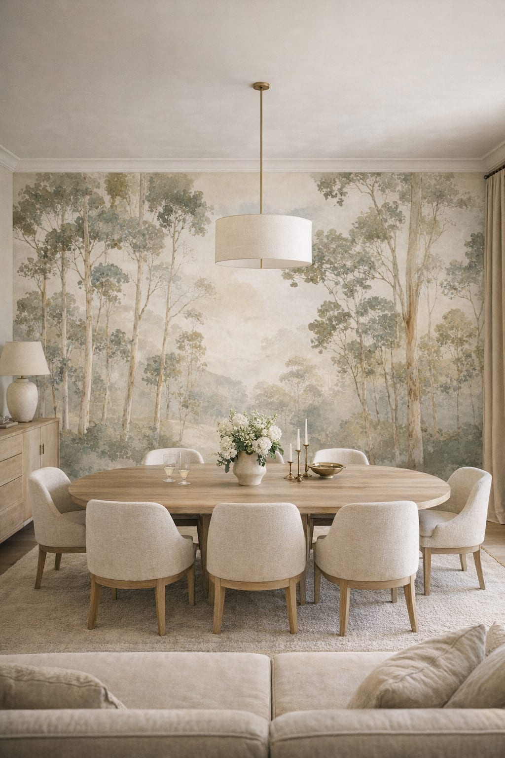 Mediterranean Modern sand-toned forest trees featuring misty landscape - Wall Mural Peel and Stick Wallpaper for Mediterranean Modern Formal Dining Room.