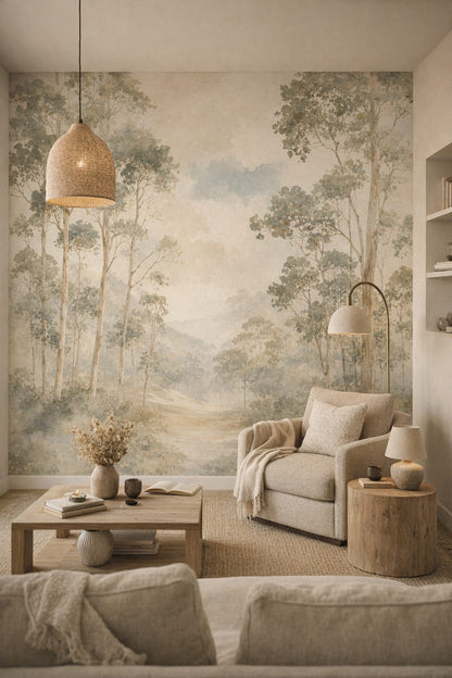 Wabi-sabi muted-earth forest trees featuring misty landscape - Wall Mural Peel and Stick Wallpaper for Wabi-sabi Reading Corner.