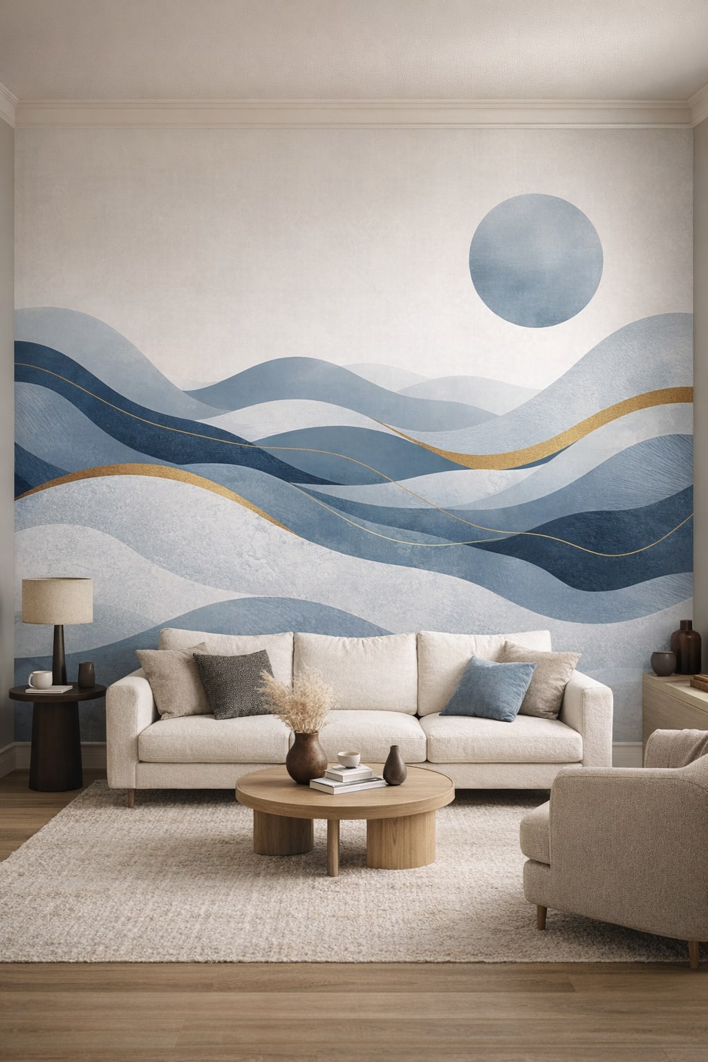 Quiet Luxury greige abstract waves featuring gold inlay lines - Wall Mural Peel and Stick Wallpaper for Quiet Luxury Living Room.