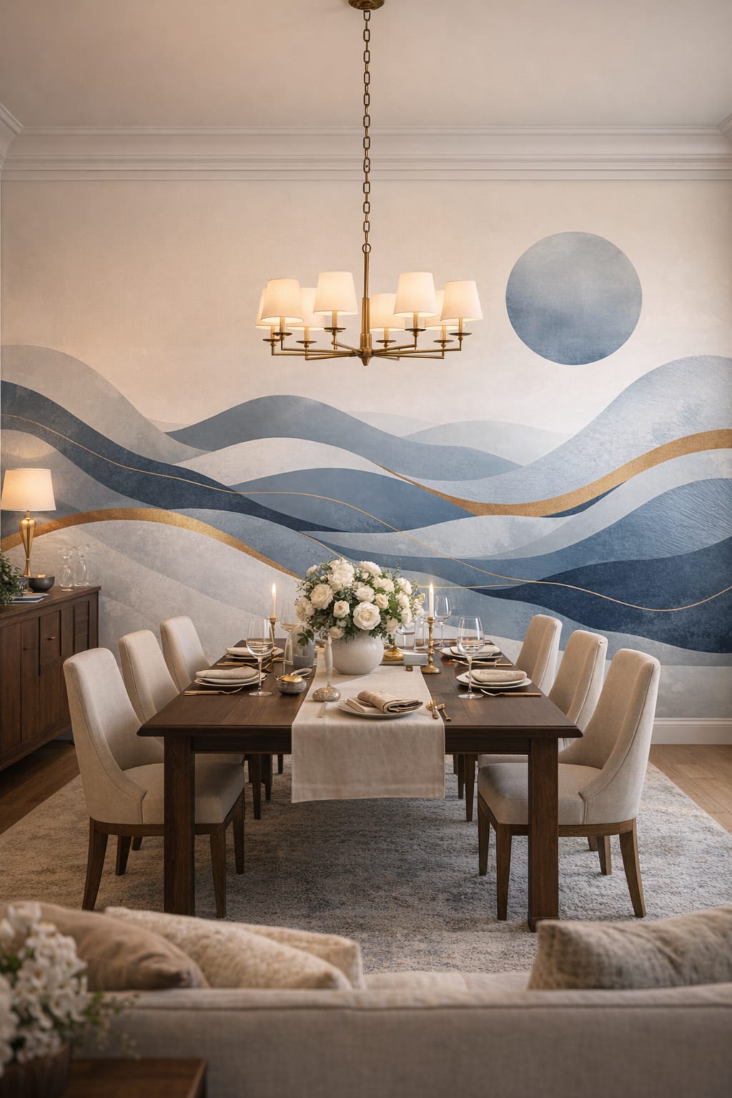 Modern Classic warm-gray abstract waves featuring sun disc - Wall Mural Peel and Stick Wallpaper for Modern Classic Formal Dining Room.