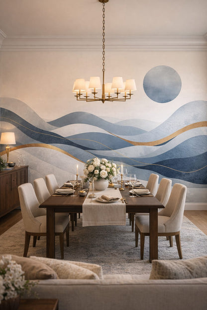 Modern Classic warm-gray abstract waves featuring sun disc - Wall Mural Peel and Stick Wallpaper for Modern Classic Formal Dining Room.