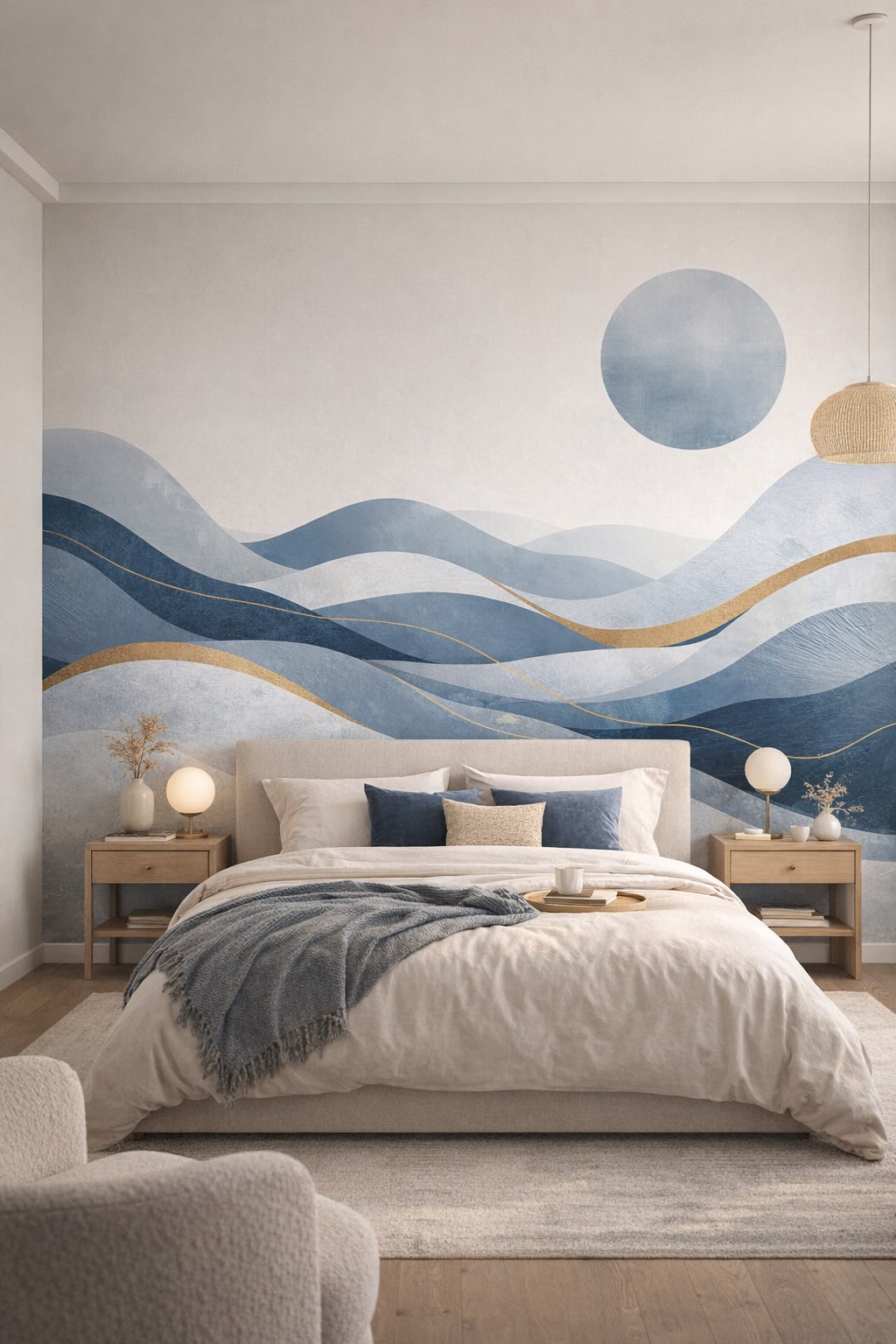 Sand Japandi, charcoal minimal abstract waves featuring sun disc - Wall Mural Peel and Stick Wallpaper for Japandi Master Bedroom.