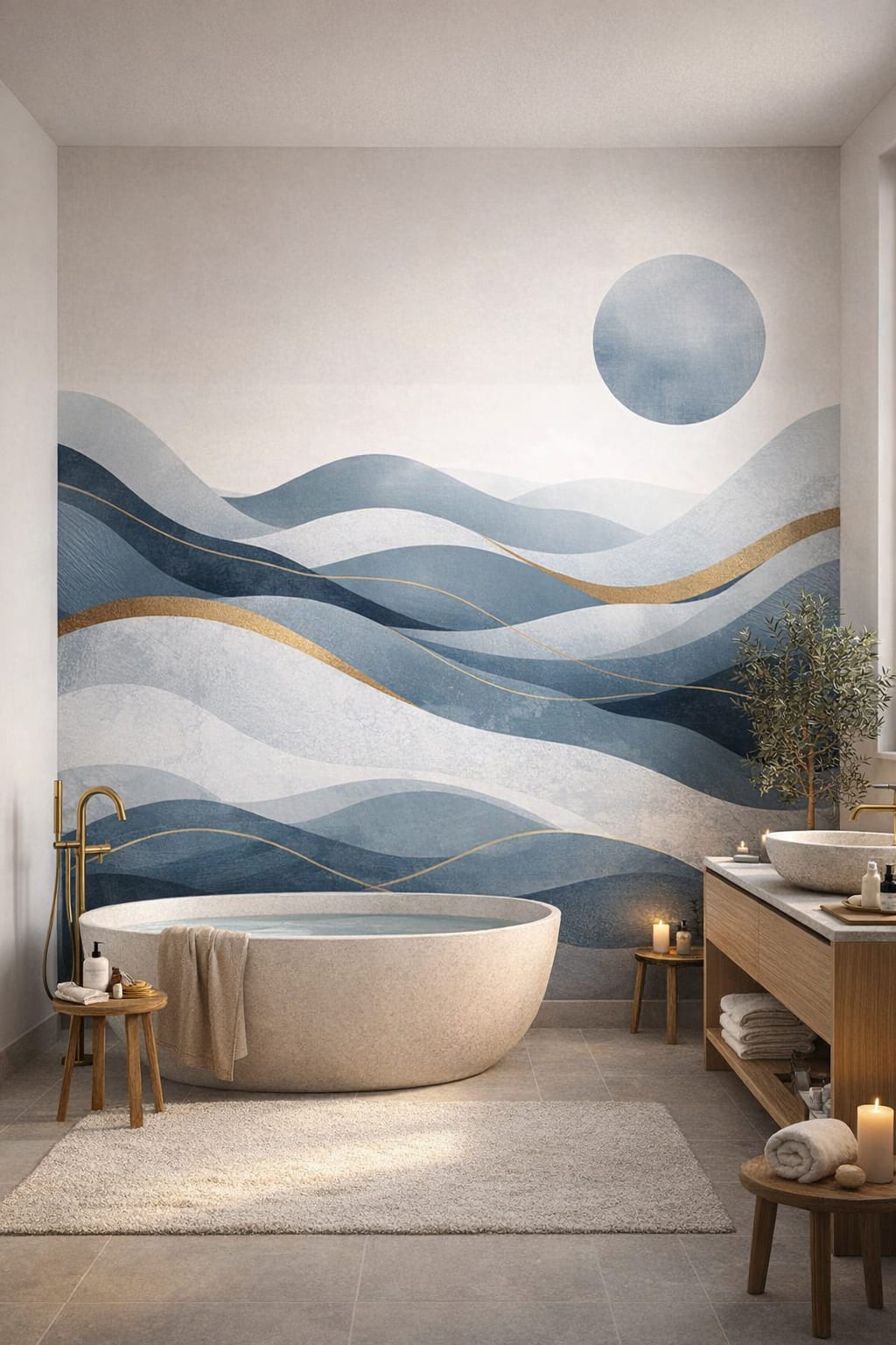 Cream sand Organic Modern abstract waves featuring sun disc - Wall Mural Peel and Stick Wallpaper for Organic Modern Luxury Bathroom.