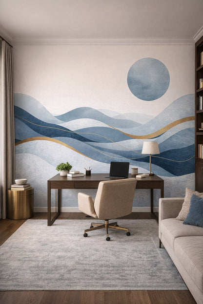 Warm white neutrals, soft charcoal abstract waves featuring a sun disc - Wall Mural Peel and Stick Wallpaper for Luxury Contemporary Executive Home Office.