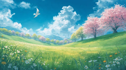 Airy serene Sky Blue spring meadow landscape featuring blossoming trees and a white bird - Wall Mural & Peel and Stick Wallpaper for Watercolor Interiors and Premium Home Styling.