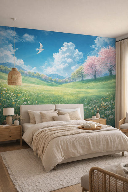 Sand-toned Japandi spring meadow landscape featuring blossoming trees - Wall Mural Peel and Stick Wallpaper for Japandi Master Bedroom.