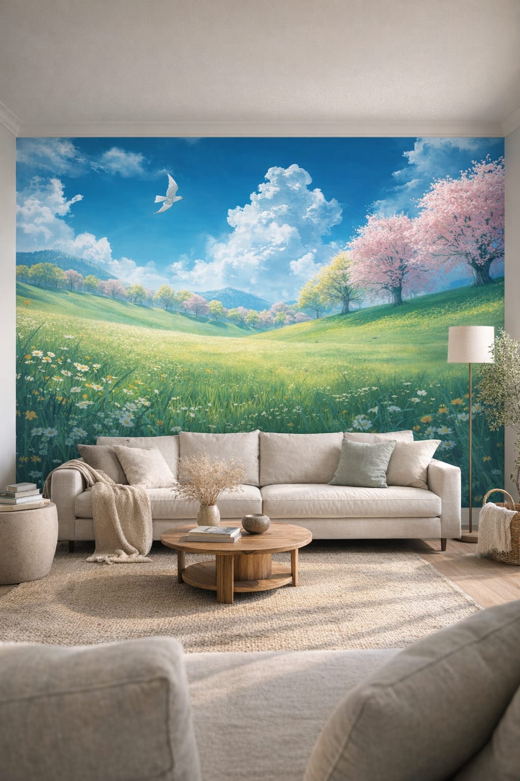Cream sand organic - spring meadow landscape featuring blossoming trees - Wall Mural Peel and Stick Wallpaper for Organic Modern Living Room.