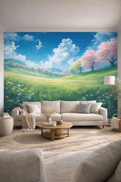 Cream sand organic - spring meadow landscape featuring blossoming trees - Wall Mural Peel and Stick Wallpaper for Organic Modern Living Room.