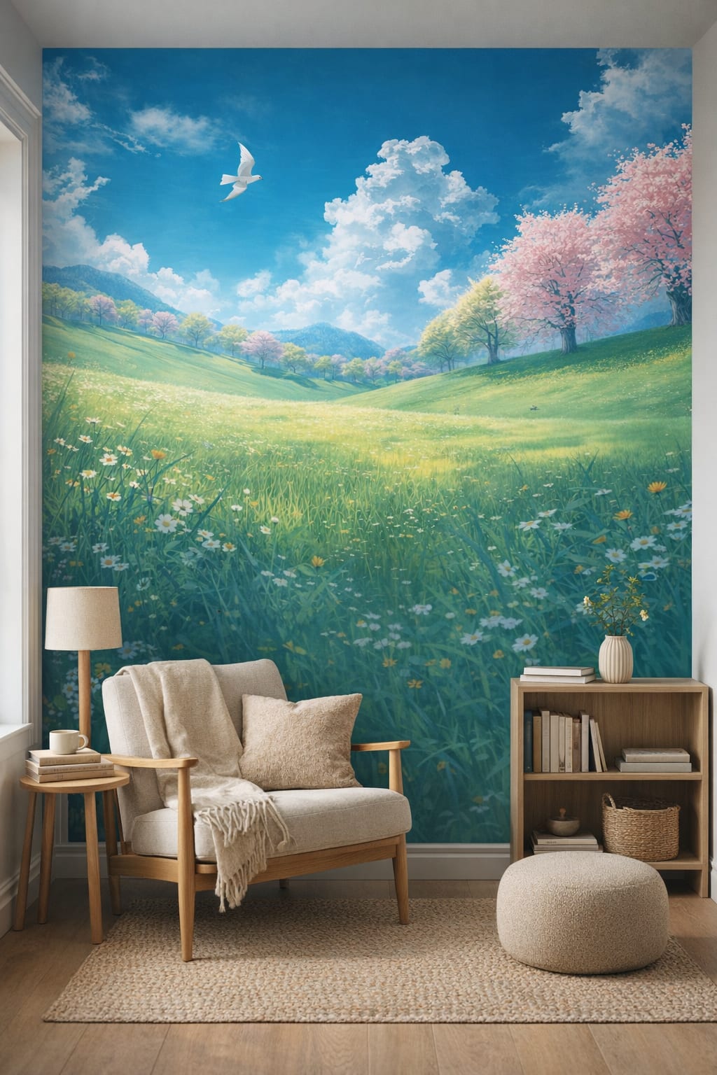 Scandinavian white-gray spring meadow landscape featuring wildflowers - Wall Mural Peel and Stick Wallpaper for Scandinavian Reading Corner.
