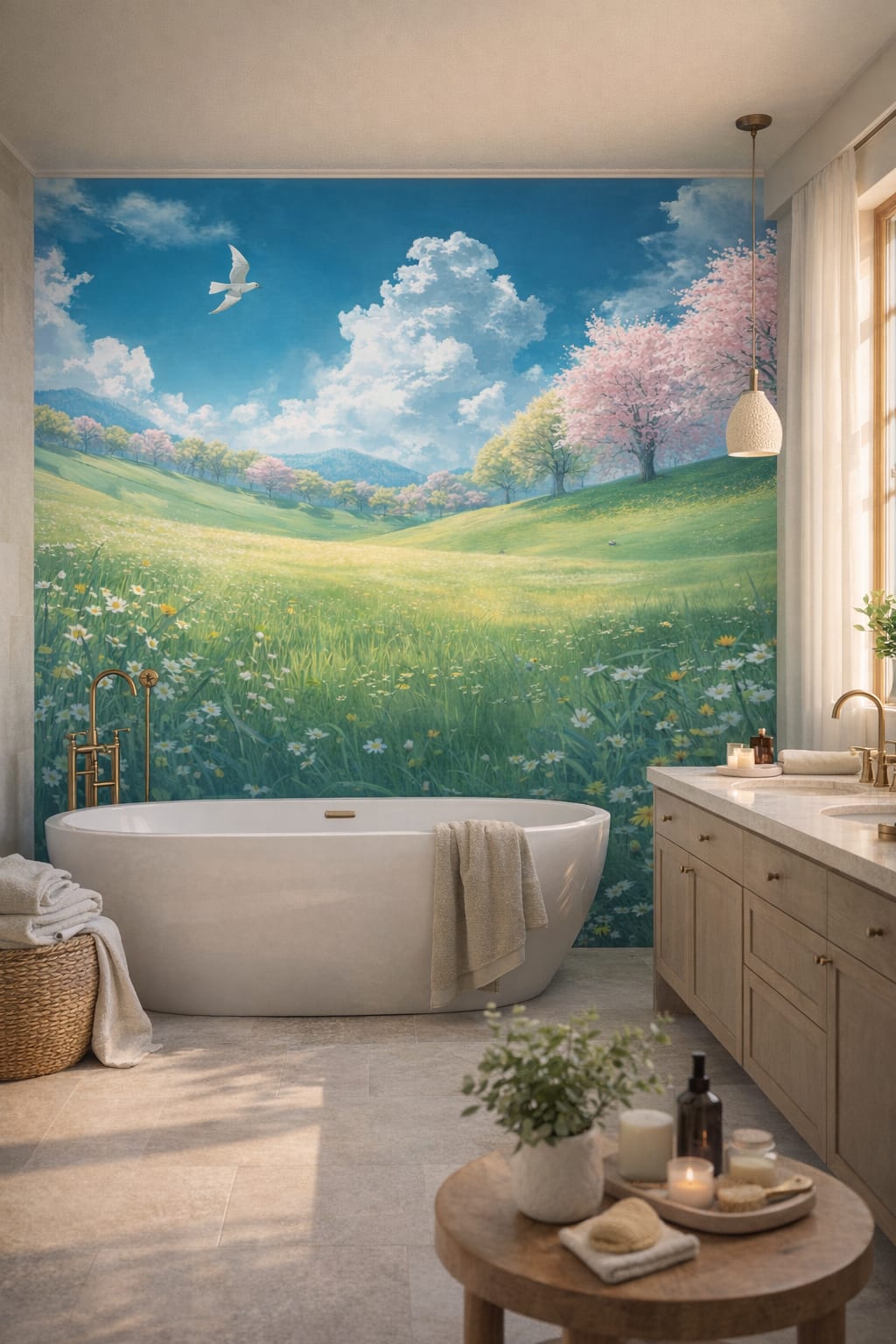 Mediterranean Modern blue-white spring meadow landscape featuring blossoming trees - Wall Mural Peel and Stick Wallpaper for Mediterranean Modern Luxury Bathroom.