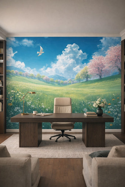 Greige quiet-luxury spring meadow landscape featuring blossoming trees - Wall Mural Peel and Stick Wallpaper for Quiet Luxury Executive Home Office.
