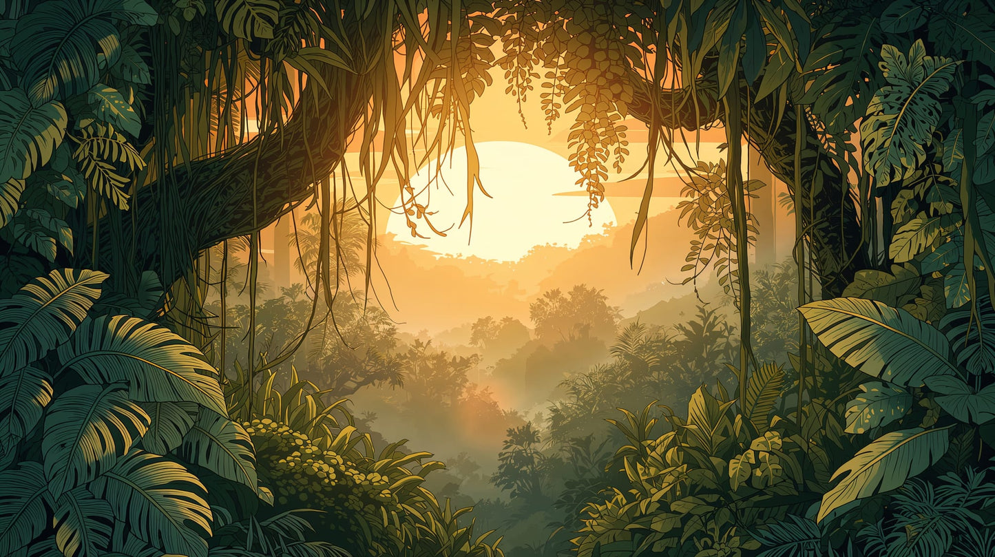 Atmospheric lush Deep Green jungle landscape featuring tropical foliage and sunset - Wall Mural & Peel and Stick Wallpaper for Illustrated Interiors and Premium Home Styling