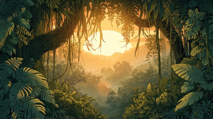 Atmospheric lush Deep Green jungle landscape featuring tropical foliage and sunset - Wall Mural & Peel and Stick Wallpaper for Illustrated Interiors and Premium Home Styling