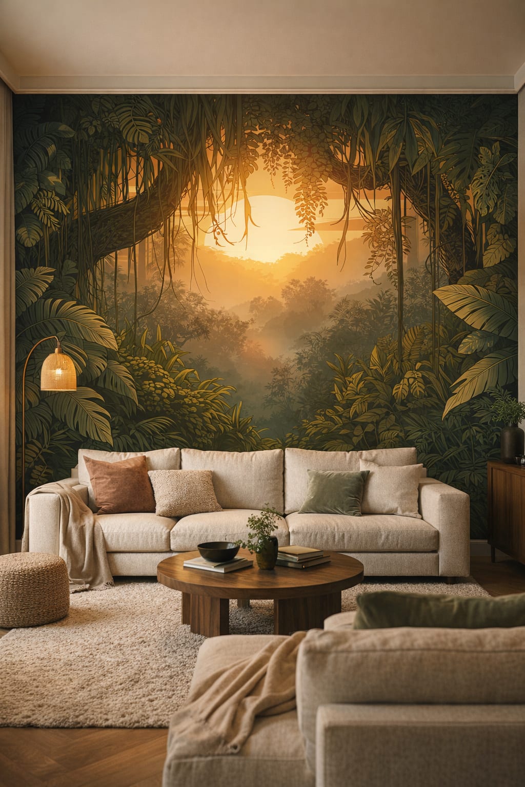 Organic Modern cream-sand jungle landscape featuring sunset - Wall Mural Peel and Stick Wallpaper for Organic Modern Living Room.